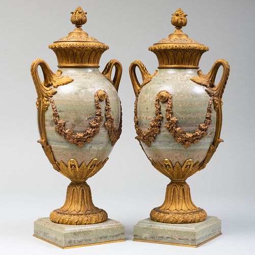 Pair of Continental Gilt-Metal-Mounted Marble Urns and Covers