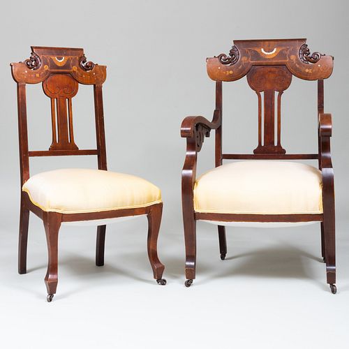 Two Late Victorian Mother-of-Pearl Inlaid Mahogany Chairs