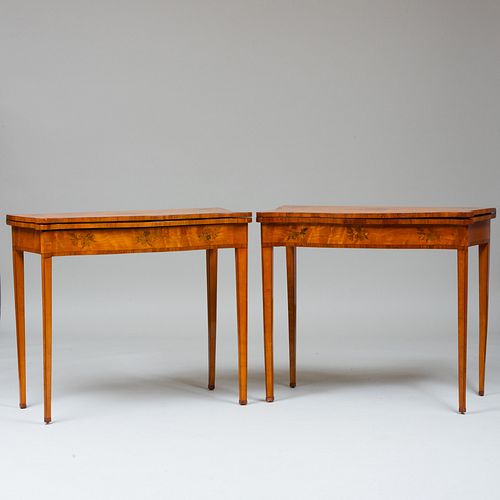 Pair of George III Serpentine-Fronted Satinwood and Tulipwood Marquetry Games Tables