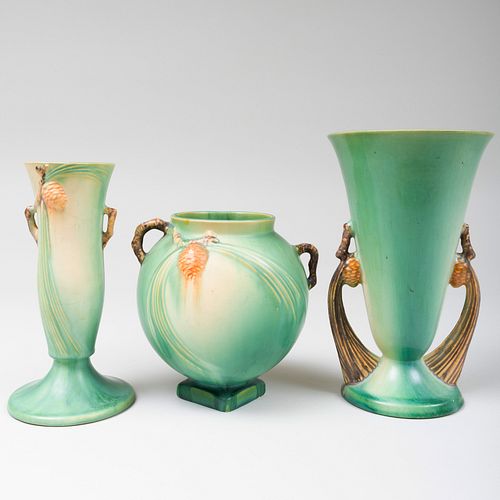 Three Roseville Pottery Glazed 'Pinecone' Vases