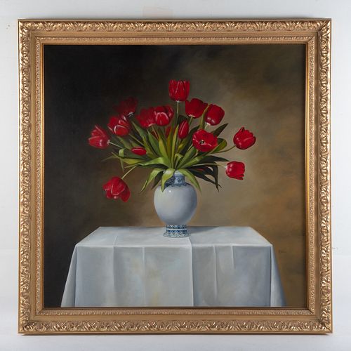 Juanita Martinez. "Red Tulip Bouquet," oil