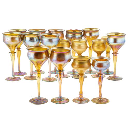 Set of 17 Tiffany Favrile Glass Wine Stems