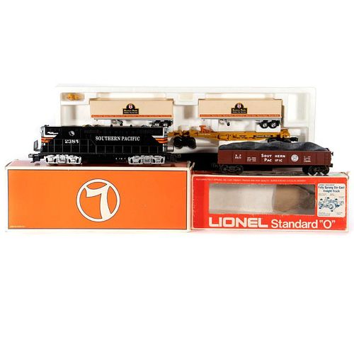 O Gauge Lionel 6-18576 Dummy SP GP9, 6-9821 SP Gondola with load, 6-16345 SP TTUX with trailers all boxed