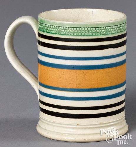Mocha mug, with brown, blue, and tan bands