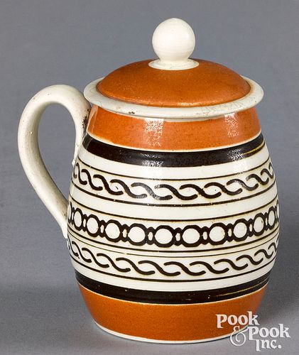 Mocha mustard pot, with brown geometric bands
