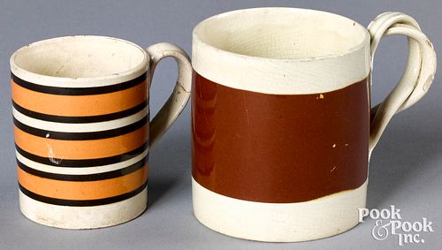 Two mocha mugs, with brown and tan bands