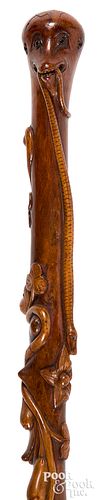 Carved maple walking stick, ca. 1900