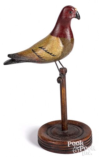 Carved and painted bird on perch, 19th c.