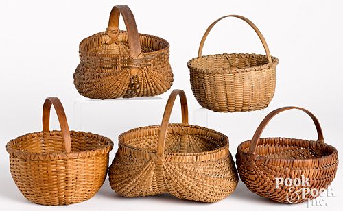 Five split oak baskets, early 20th c.