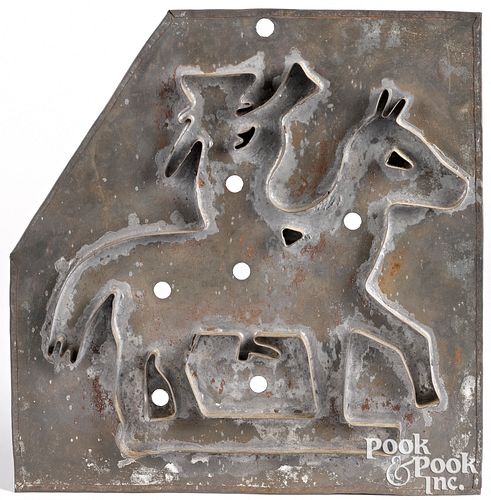 Large tin horse and rider cookie cutter, ca. 1900