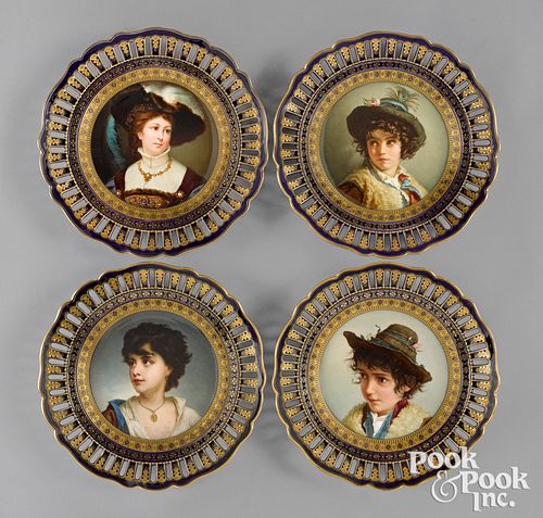 Four Meissen painted porcelain portrait plates