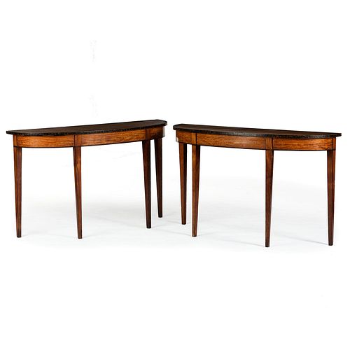 A Pair of Edwardian Mahogany and Satinwood Paint Decorated Demilune Tables