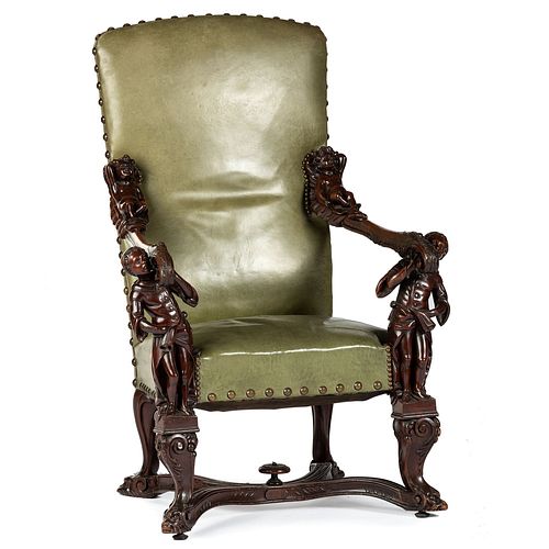 A Venetian Renaissance Style Carved Open Armchair