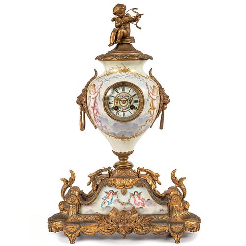 A Sevres-style Urn-form Mantel Clock with Gilt-Metal Mounts