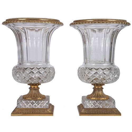 A Pair of Gilt Metal Mounted Cut Glass Urns