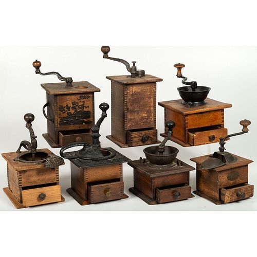 Seven Wooden and Iron Coffee Mills