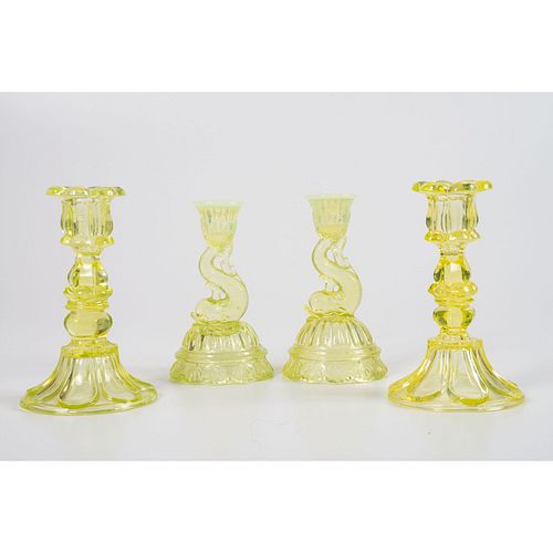 Four Vaseline Glass Candlesticks