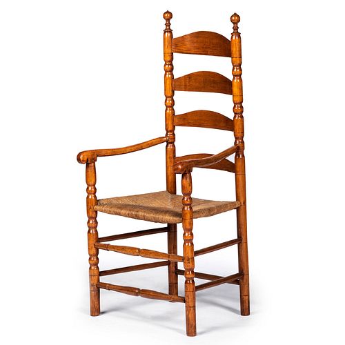 A William and Mary Style Turned Maple Ladder-Back Rush Seat Armchair