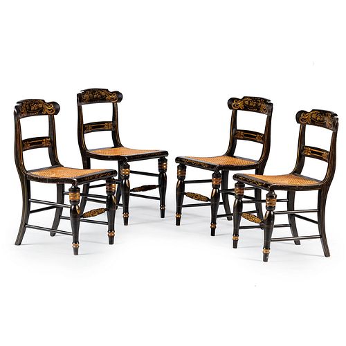 Four Gilt-Stencil Decorated Black-Painted Cane-Upholstered Hitchcock Side Chairs, Circa 1840 
