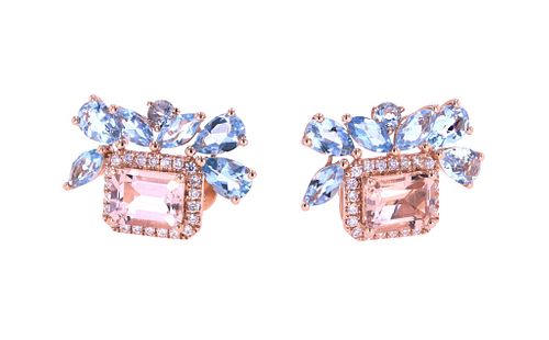 Morganite & Aquamarine Diamond 14k Gold Earrings