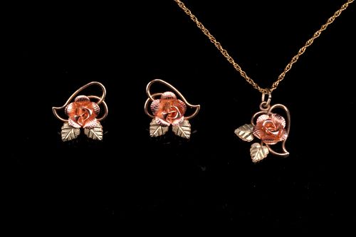 Black Hills 10K Gold Rose Earrings & Necklace