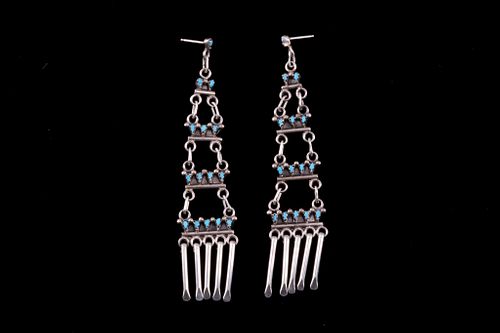 Zuni Huls Silver Turquoise Dangle Earring Pair