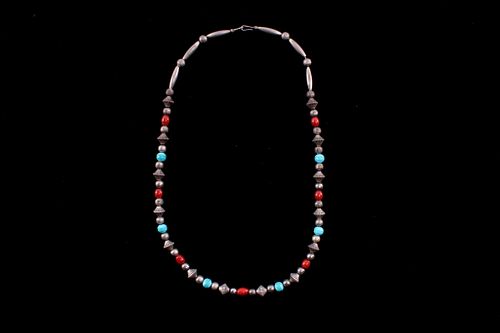 Navajo Turquoise Coral & Silver Bead Necklace