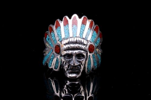 Navajo Sterling Silver & Chip Inlay Chieftain Ring