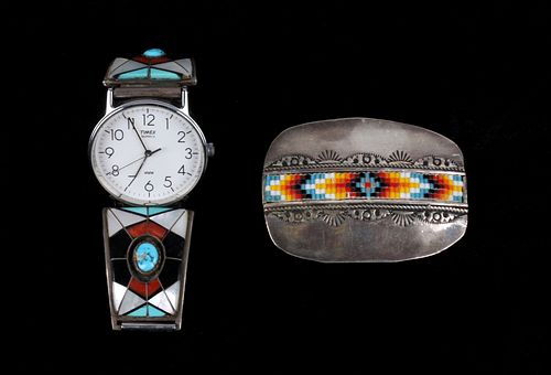 Navajo Sterling Silver Inlaid Watchband & Buckle