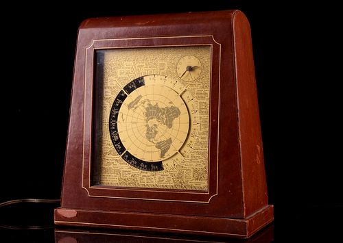 Kalex Brass Leather Mantle World Clock c. 1950