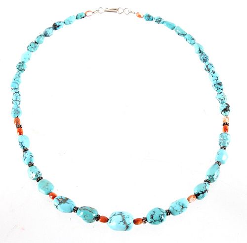 Navajo Silver Turquoise & Carnelian Necklace