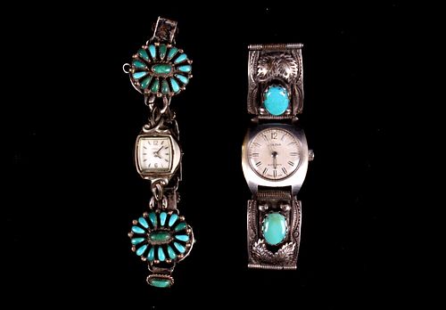 Pair of Two Navajo Stainless Turquoise Watches