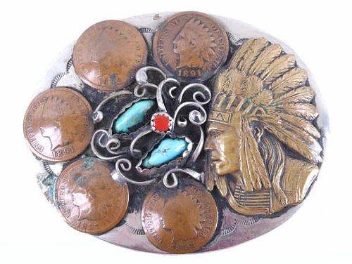 Navajo Turquoise Coral & Penny Belt Buckle