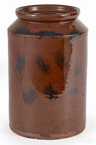 Large redware crock, 19th c., with manganese sp