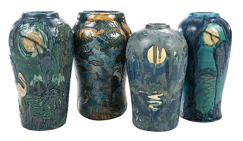 Four M. Cushman Florida Faience Pottery Vases