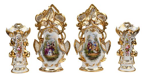 Two Pairs Hand Painted Paris Porcelain Vases 