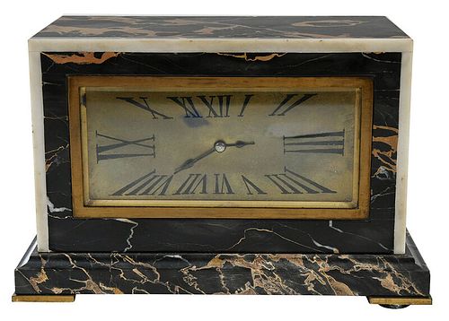 French Art Deco Marble and Bronze Mantel Clock