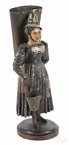 Painted tin peasant woman match holder, 19th c.