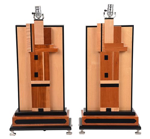 Pair Art Deco Style Wood and Metal Table Lamps