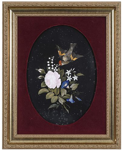 Framed Pietra Dura Floral and Bird Plaque