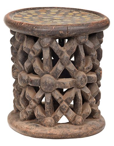 West African Carved Stool with Coin Inlaid Seat