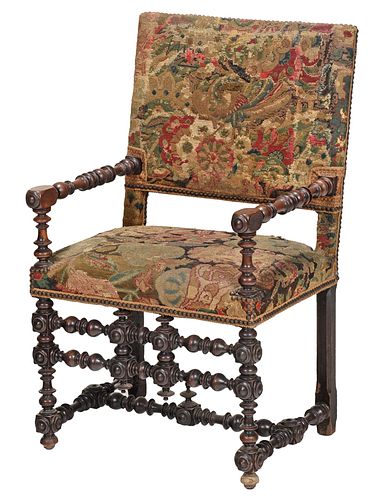 Baroque Style Walnut Tapestry Upholstered Armchair