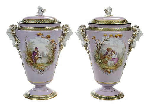Pair of Continental Pink Porcelain Lidded Urns 
