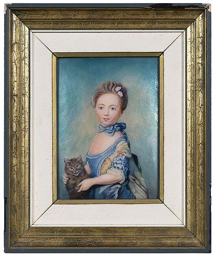 Faure Limoges Enamel Plaque, Young Girl and Cat