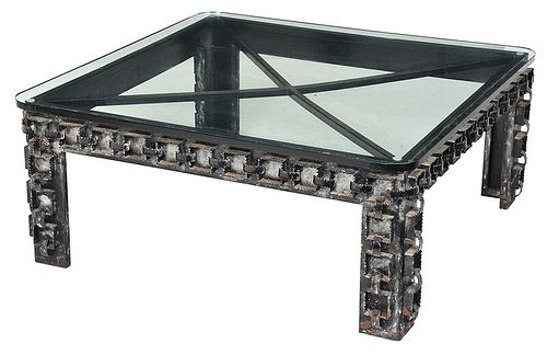 Modern Brutalist Iron and Glass Top Coffee Table