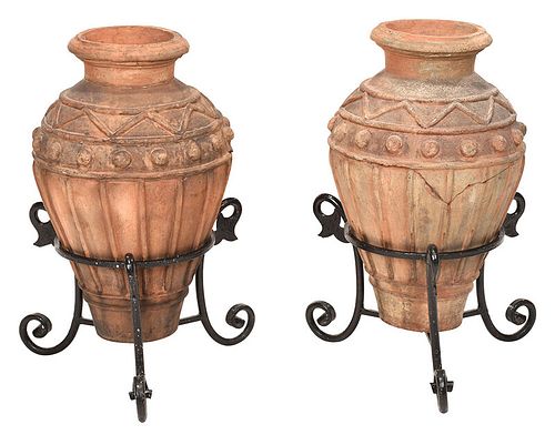 Pair Italian Terracotta Urns, Wrought Iron Stands