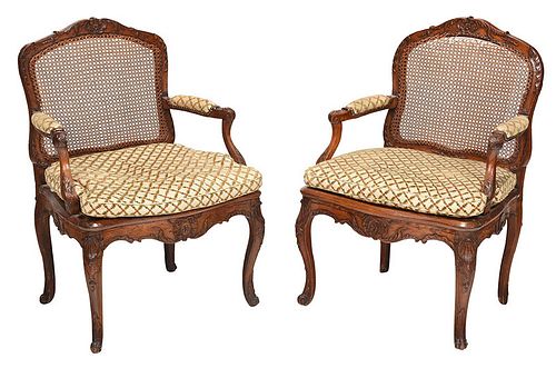 Pair Louis XV Caned Beechwood Open Armchairs
