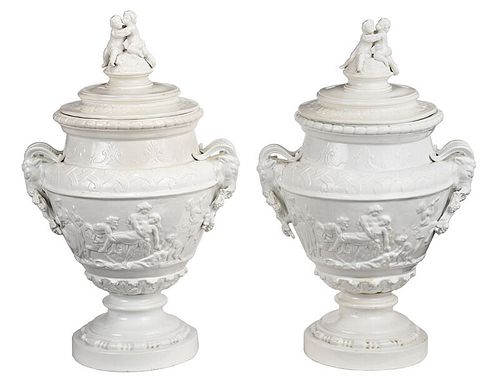 Large Pair of White Figural Garden Urns 