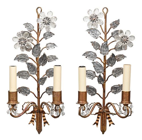 Pair of French Gilt Metal and Crystal Sconces