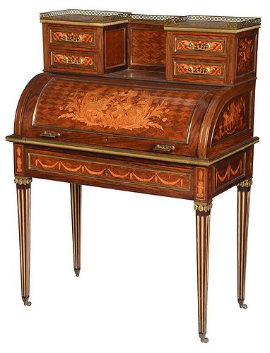 Fine Louis XVI Style Marquetry Cylinder Desk